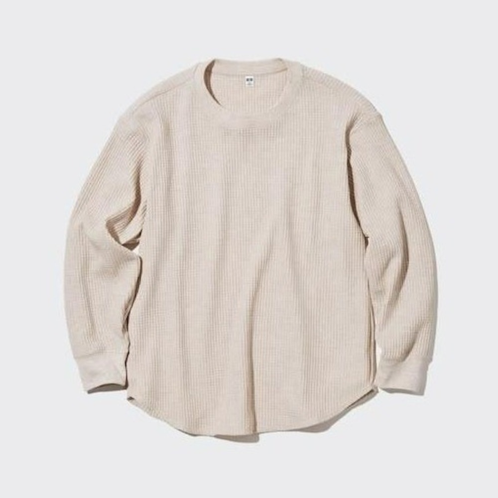 Uniqlo Waffle Knit Top Women Small Beige Long Sleeve Thermal Crew Neck